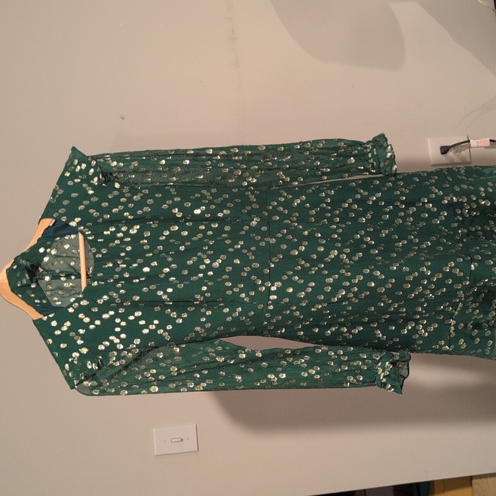 Hutch Silk Open Back Emerald Gold Dot Chiffon Ruffle Long Sleeve Dress Sz 0